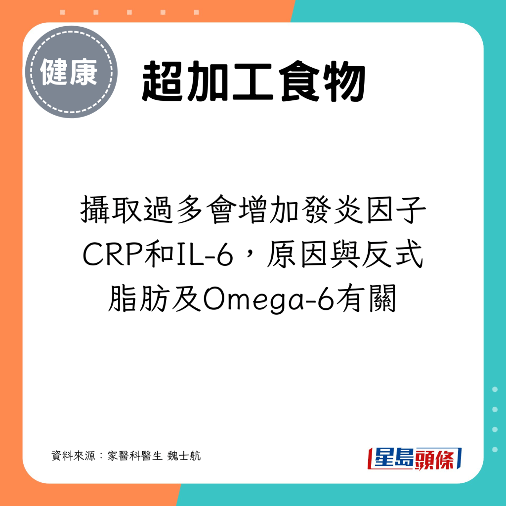 攝取過多會增加發炎因子CRP和IL-6，原因與反式脂肪及Omega-6有關