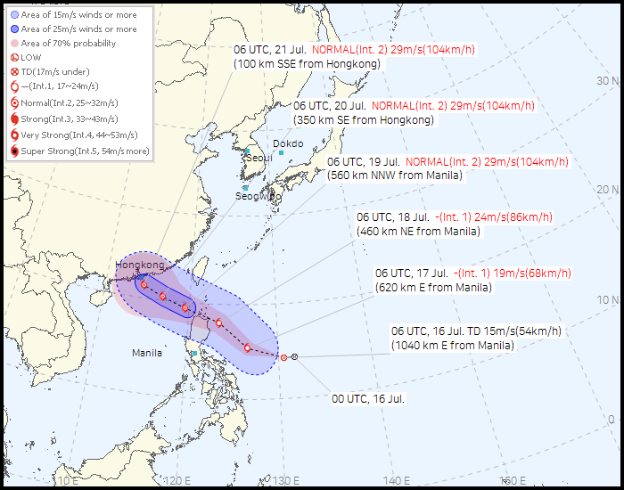 根據韓國氣象廳的預計,下周一6時,會移動至香港東南偏南100公里附近的位置。韓國氣象廳截圖 根據韓國氣象廳的預計,下周一6時,會移動至香港東南偏南100公里附近的位置。韓國氣象廳截圖