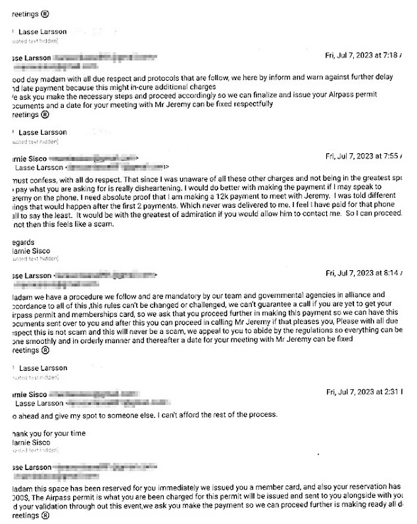 一個自稱為Lasse Larsson的人傳訊息要求Marnie購買「粉絲卡」，但謝諾美團隊中並無此人。