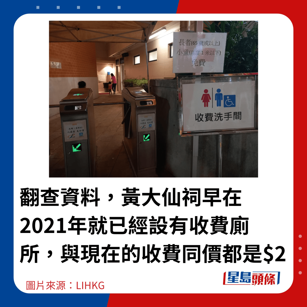 翻查资料，黄大仙祠早在2021年就已经设有收费厕所，与现在的收费同价都是$2