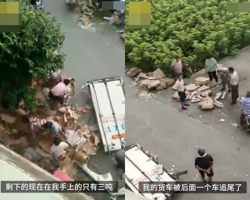 貨車司哭訴「散落的豬肉被當地百姓哄搶，10噸貨只剩下了3噸」。 影片截圖