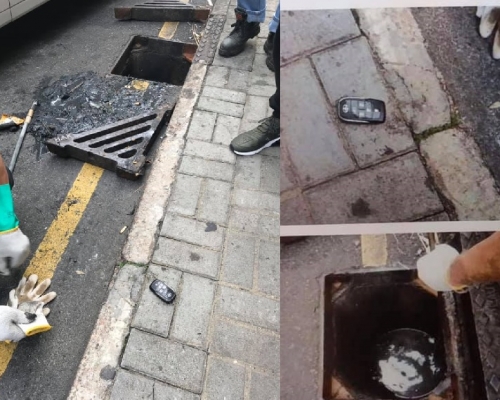 樓主鎖車後不小心將車匙跌落坑渠內，幸獲渠務署師傅到場協助。fb群組「香港交通突發報料區」