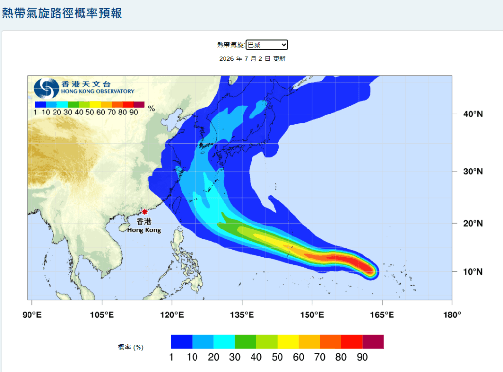 天文台發布路徑概率預報 ，預料會在下周後期移向台灣以東海域。天文台網頁截圖