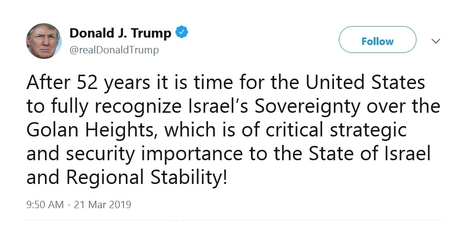 特朗普在社交網絡發文表示，是時候承認以色列對戈蘭高地擁有主權。AP
