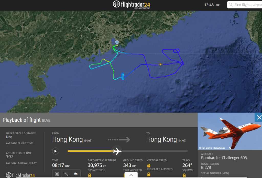 飛行服務隊今日較早時出動定翼機「 挑戰者605」追風。Flightradar24截圖