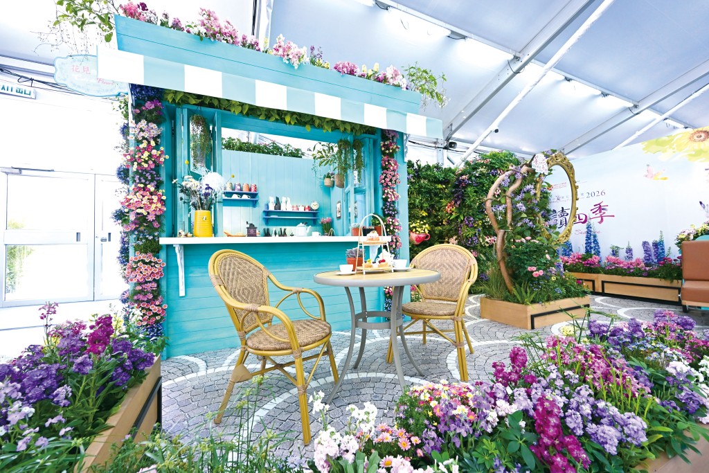 「花見咖啡閣」尤如一個室內小花園,把街角咖啡的吧枱前,盆栽錯落,垂花如簾。右側花卉拱門後是一面植物牆,以咖啡杯為器種滿花紫羅蘭,將綠意蔓延至中央打卡區。 「花見咖啡閣」尤如一個室內小花園,把街角咖啡的吧枱前,盆栽錯落,垂花如簾。右側花卉拱門後是一面植物牆,以咖啡杯為器種滿花紫羅蘭,將綠意蔓延至中央打卡區。