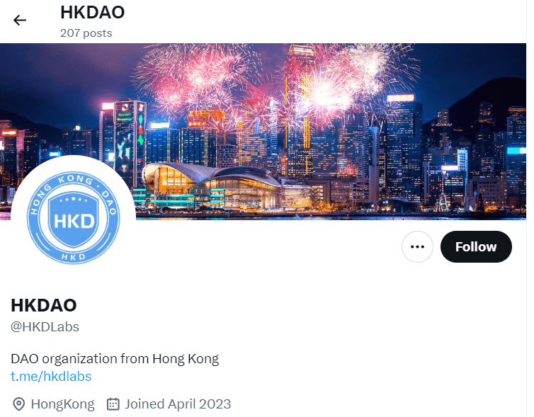 HongKongDAO在网站及社交平台X中，展示与香港的关系，证监告诫其似乎吹捧「HKD代币」未来市值会上升，诱使投资者购买。
