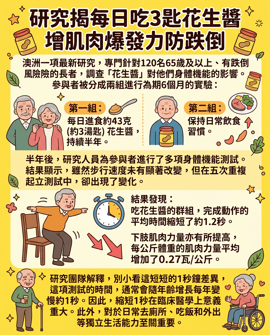 研究揭每日吃3匙花生醬增肌肉爆發力防跌倒 研究揭每日吃3匙花生醬增肌肉爆發力防跌倒