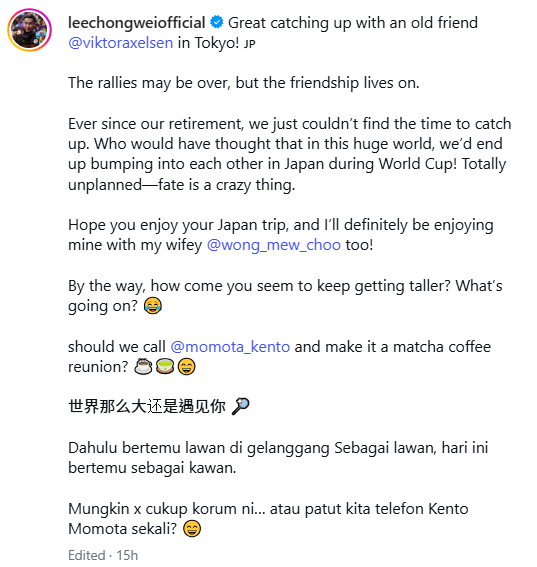 李宗偉在日本遇上早前宣布退役的丹麥羽毛球名將安賽龍。