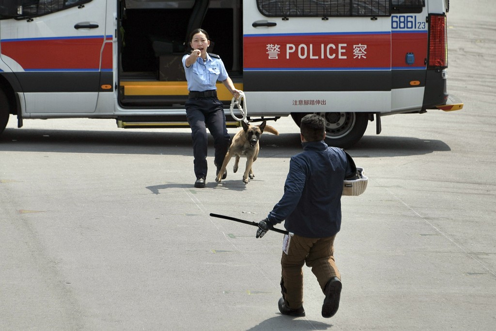 女警帶同警犬控制現場。