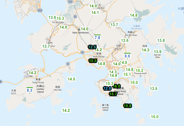 截至早上9时30分，本港分区天气。天文台图片