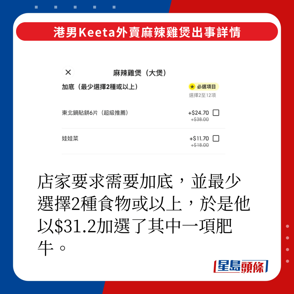 店家要求需要加底，並最少選擇2種食物或以上，於是他以$31.2加選了肥牛。