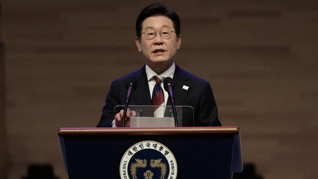 李在明在「光復節80周年」活動上敦促日本政府正視歷史。法新社