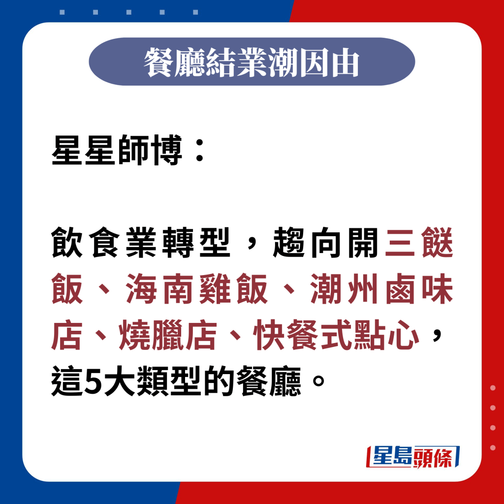 星星师博：  饮食业转型，趋向开三餸饭、海南鸡饭、潮州卤味店、烧腊店、快餐式点心，这5大类型的餐厅。