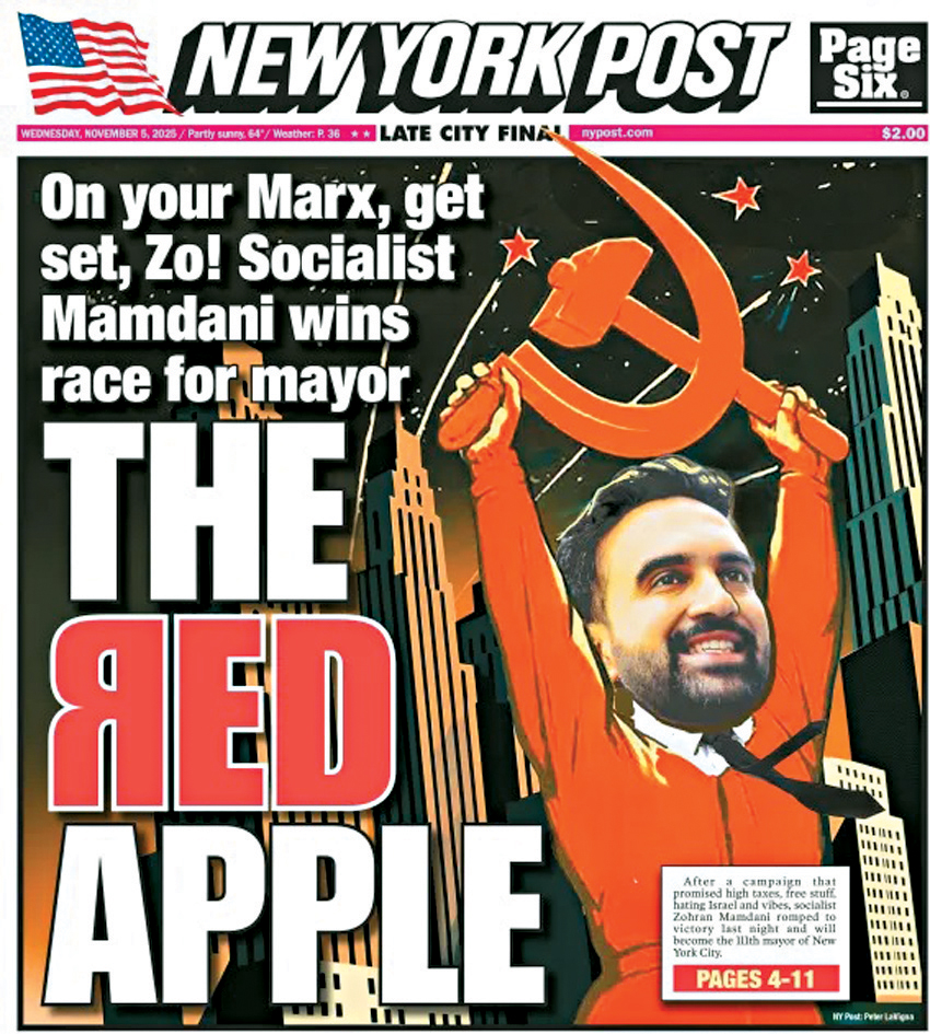 右翼《紐約郵報》稱左傾的馬姆達尼令紐約變「紅蘋果」。