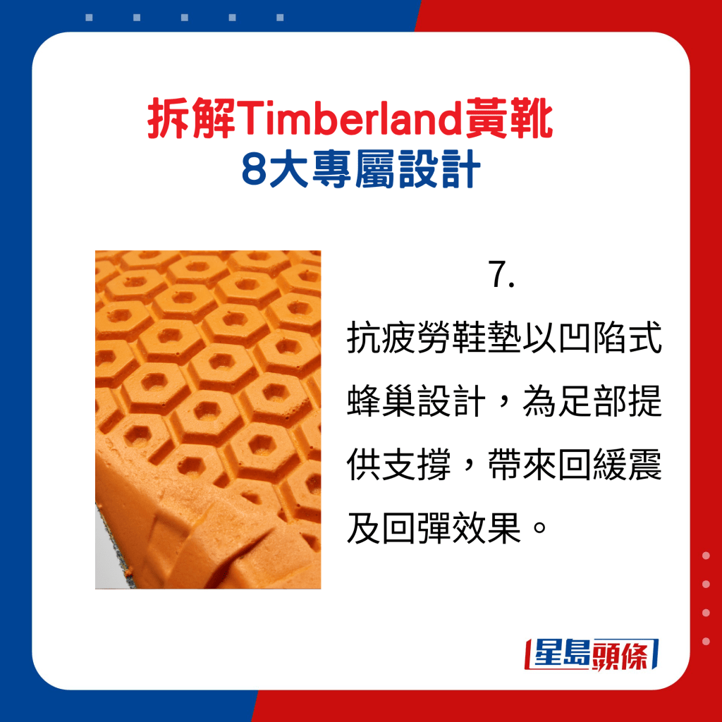 Timberland黃靴8大專屬設計7.：抗疲勞鞋墊以凹陷式蜂巢設計，為足部提供支撐，帶來回緩震及回彈效果。