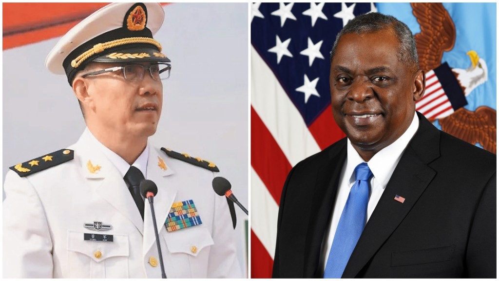 國防部長董軍（左）和美國防長奧斯汀（右）有可能稍後在新加坡會晤。