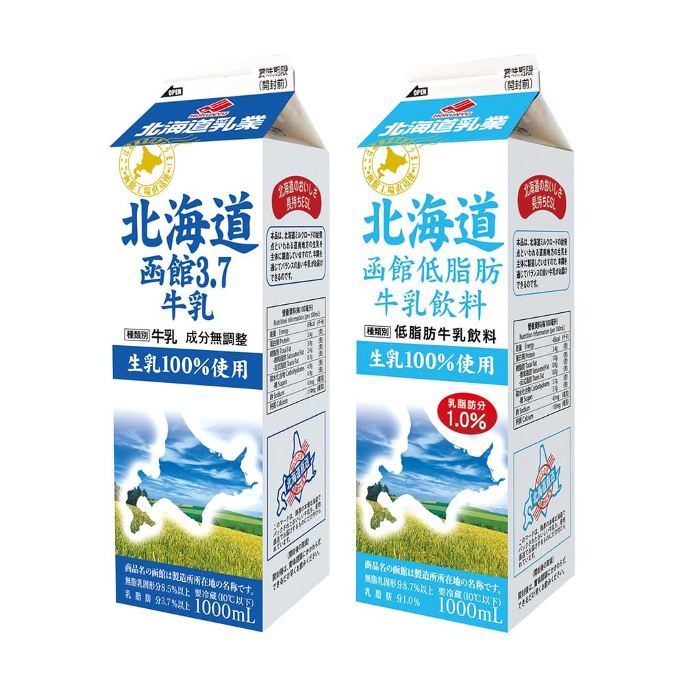 Hokunyu北海道函館3.7鮮奶及低脂牛奶1公升/原價$59/盒、優惠價$39.9/盒。