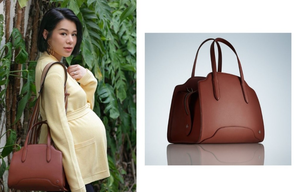 胡杏兒演繹全新Sesia Bag。右/Smooth Satin小牛皮啡色Sesia Bag/$34,100。(圖:myoliemyolie IG)