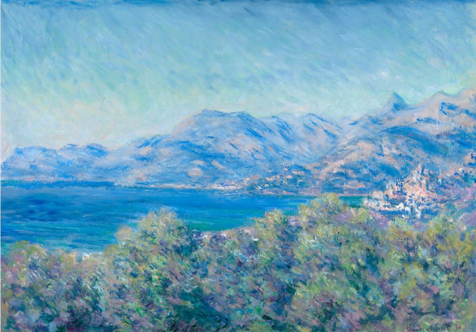 《文蒂米利亚的视图》，莫内于1883年12 月与雷诺阿一起旅行的地中海沿岸著迷，并于隔年1月独自返回该地区。 画家们努力在绚丽的光线下捕捉色彩鲜艳的植物和风景，并开始使用蓝色和粉红色等他们以前不常使用的颜色。 这幅作品是从意大利博迪盖拉眺望法国的景色，画面右侧描绘的是文蒂米利亚的城市景观。