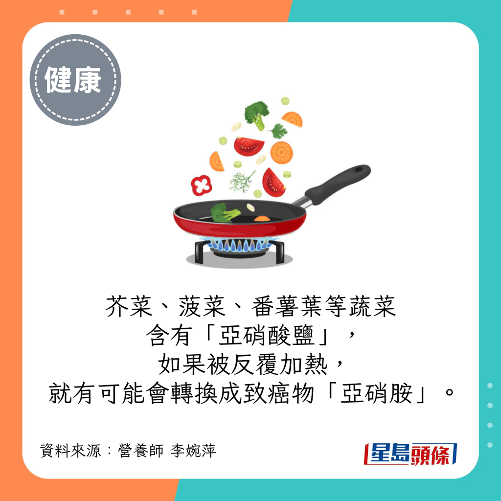 芥菜、菠菜、番薯葉等蔬菜含有「亞硝酸鹽」，如果被反覆加熱，就有可能會轉換成致癌物「亞硝胺」