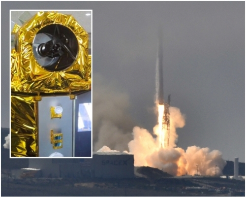 「福衛五號」(小圖)由獵鷹九號(Falcon 9)火箭搭載順利升空。AP