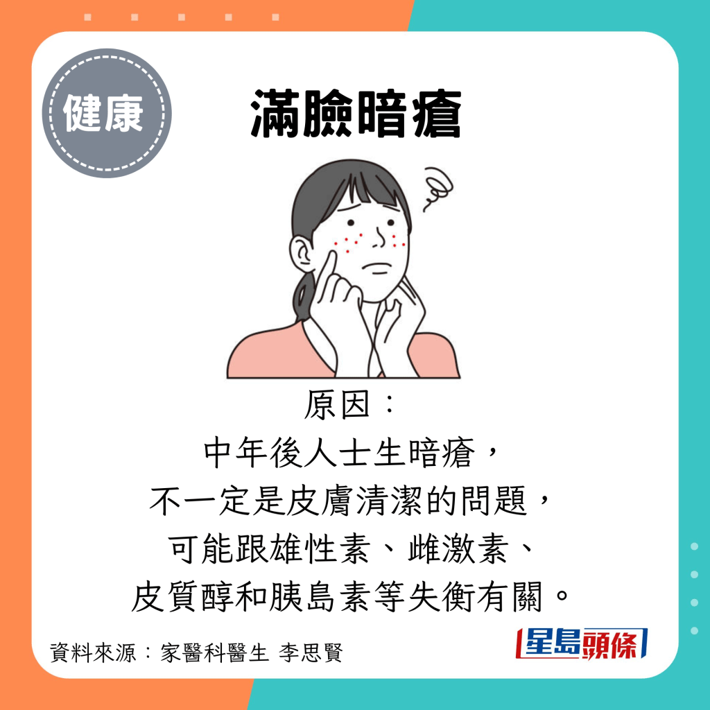 满脸暗疮：原因： 中年后人士生暗疮， 不一定是皮肤清洁的问题， 可能跟雄性素、雌激素、 皮质醇和胰岛素等失衡有关。