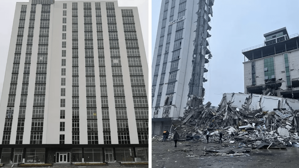 港口城市伊斯肯德倫（Iskenderun）一棟16樓公寓，從網上照片可見，該公寓遇地震後像被垂直切開般，右邊大部分化為殘骸。
