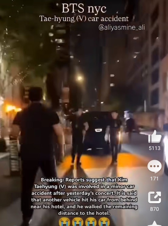 日前完騷後返回酒店途中,V乘坐車輛被追尾,保鏢們即時上前處理。 日前完騷後返回酒店途中,V乘坐車輛被追尾,保鏢們即時上前處理。