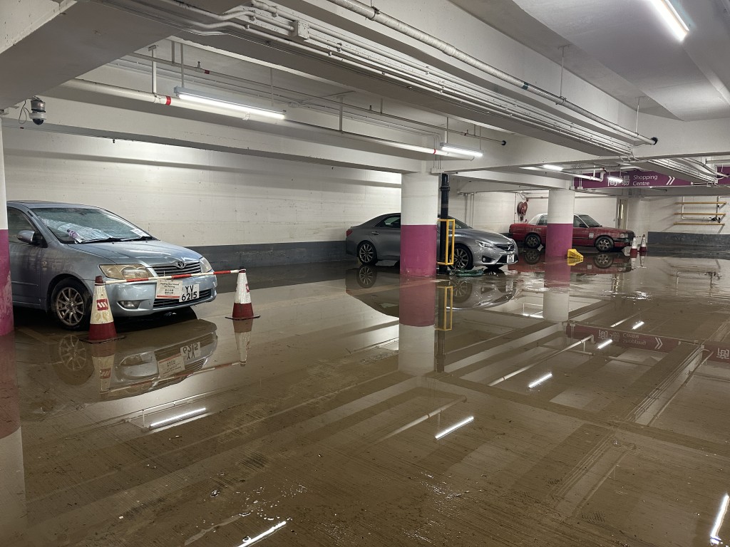环翠邨停车场水浸其后退却。梁国峰摄