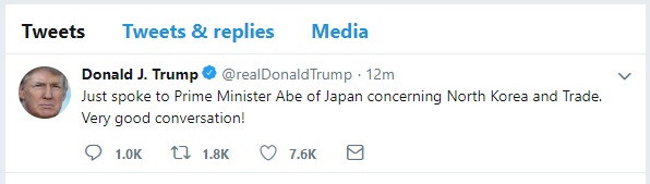特朗普指進行了非常良好溝通。Twitter