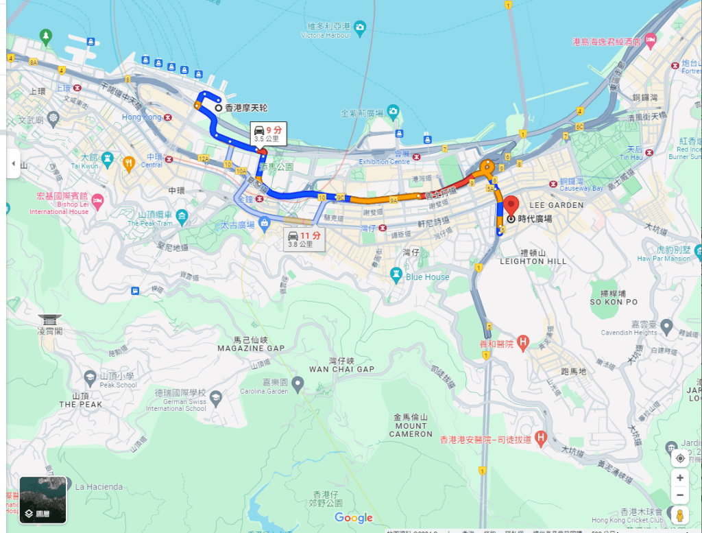 记者翻查google map 显示由中环摩天轮至时代广场的路程约3.5-3.8公里。