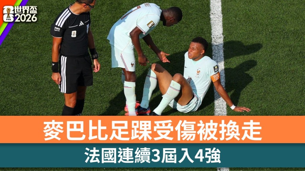 世界盃2026｜法國連續3屆入4強 麥巴比足踝受傷被換走。路透社
