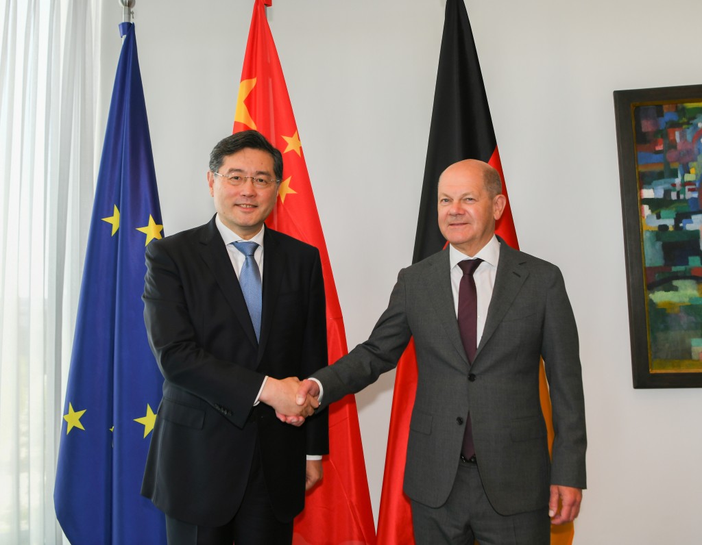 外長秦剛較早前訪問德國，和德國總理朔爾茨會面。