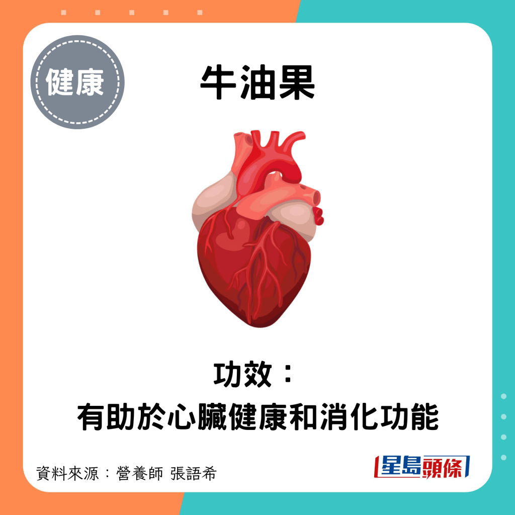 牛油果：功效： 有助於心臟健康和消化功能