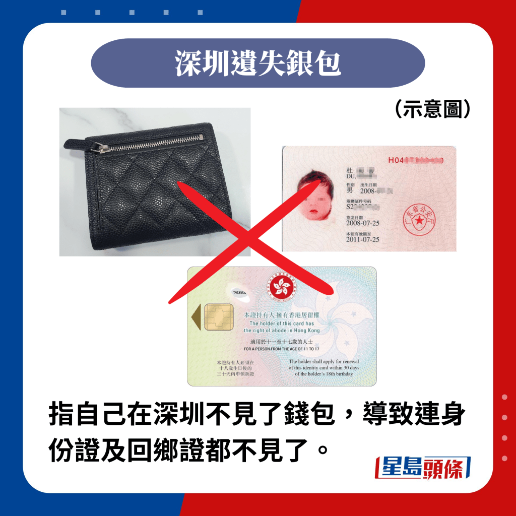 指自己在深圳不見了錢包，導致連身份證及回鄉證都不見了。