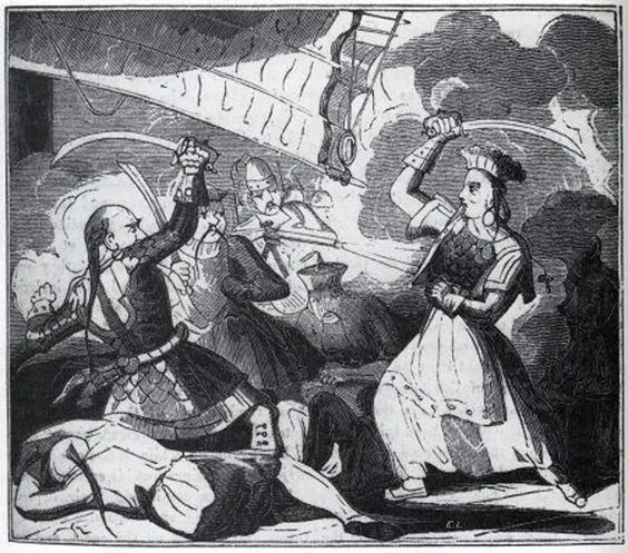 1836年的《全球海盜史》中一幀罕見的「搶掠中的鄭一嫂」。網圖 1836年的《全球海盜史》中一幀罕見的「搶掠中的鄭一嫂」。網圖