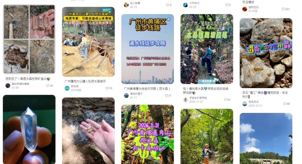 社群平台有许多亲子挖水晶攻略。小红书