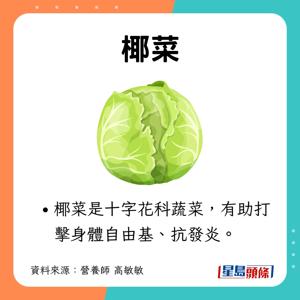 耐放蔬菜1｜椰菜：椰菜是十字花科蔬菜，有助打击身体自由基、抗发炎。