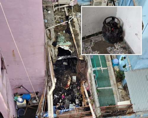 火警後涉事單位燒通頂,穿了一個大洞,屋內滿布雜物,全部被燒毀。 梁國峰攝