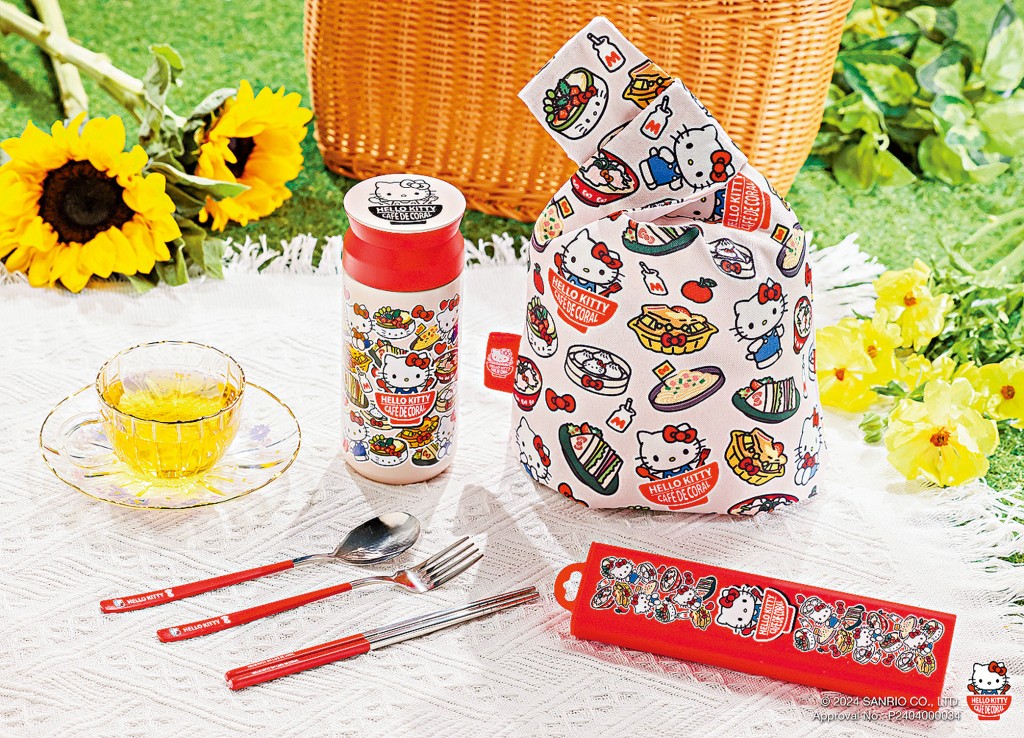 Hello Kitty環保餐具套裝包括一套餐具、保溫杯及日式手提布袋，均印上可愛的Hello Kitty圖案以及集團招牌食品的Q版卡通圖案，值得粉絲珍藏。