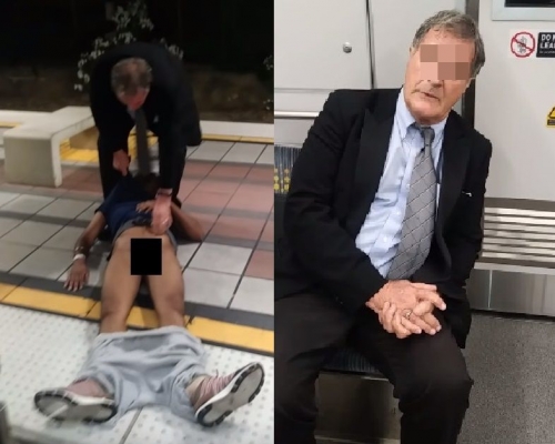 昏迷男子被西裝男拉掉褲子,導致走光。網圖