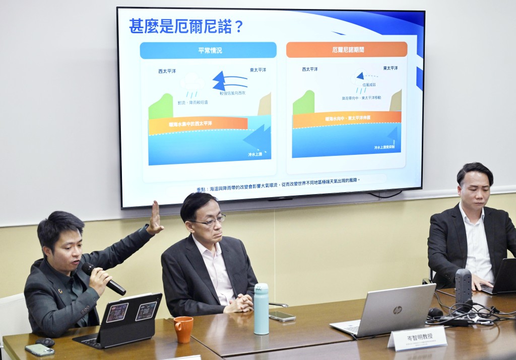 中大地球與環境科學系教授戴沛權（左）指厄爾尼諾會令全球不同地方將出現高溫熱浪、乾旱、強降雨、水浸，及山火等。