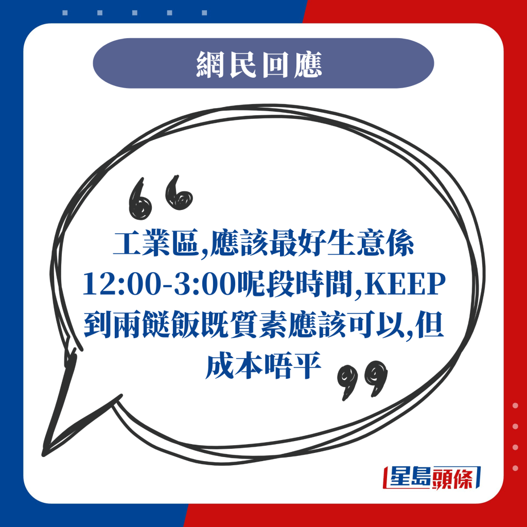 工業區，應該最好生意係12:00-3:00呢段時間，KEEP到兩餸飯既質素應該可以，但成本唔平