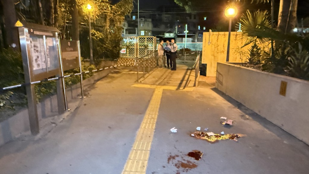 元朗婦遭刀賊劫去逾百元現金及電話,糾纏間被割傷手遺30米血路。 元朗婦遭刀賊劫去逾百元現金及電話,糾纏間被割傷手遺30米血路。