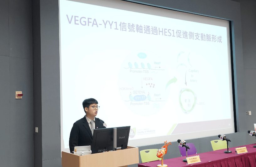 中大醫學院化學病理學系侯楊峰博士講解VEGFA-YY1的的形成。葉偉豪攝 中大醫學院化學病理學系侯楊峰博士講解VEGFA-YY1的的形成。葉偉豪攝