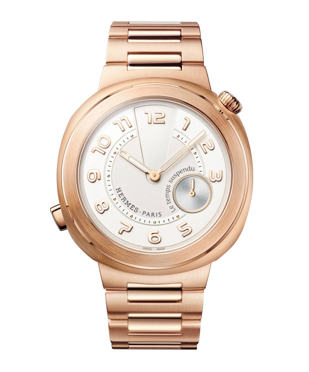 Hermès Cut Le temps suspendu,錶殼:39mm玫瑰金 / 機芯:H1912自動 / 售價:$419,200(紅色錶盤款/玫瑰金帶)$419,200(白色錶盤款/玫瑰金帶)/ $468,000(白色錶盤鑲鑽/玫瑰金帶)。 Hermès Cut Le temps suspendu,錶殼:39mm玫瑰金 / 機芯:H1912自動 / 售價:$419,200(紅色錶盤款/玫瑰金帶)$419,200(白色錶盤款/玫瑰金帶)/ $468,000(白色錶盤鑲鑽/玫瑰金帶)。