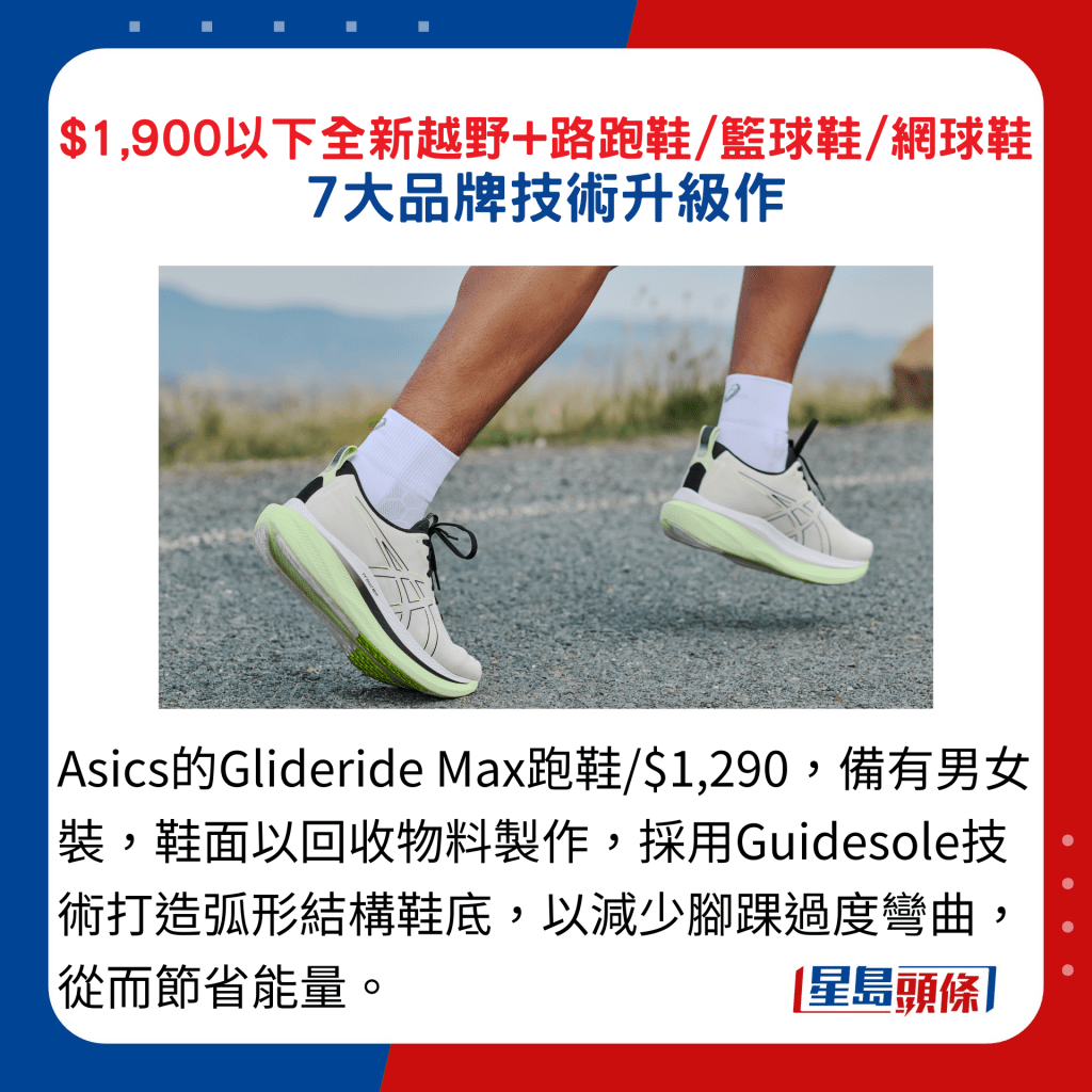 Asics的Glideride Max跑鞋/$1,290，备有男女装，鞋面以回收物料制作，采用Guidesole技术打造弧形结构鞋底，以减少脚踝过度弯曲，从而节省能量。