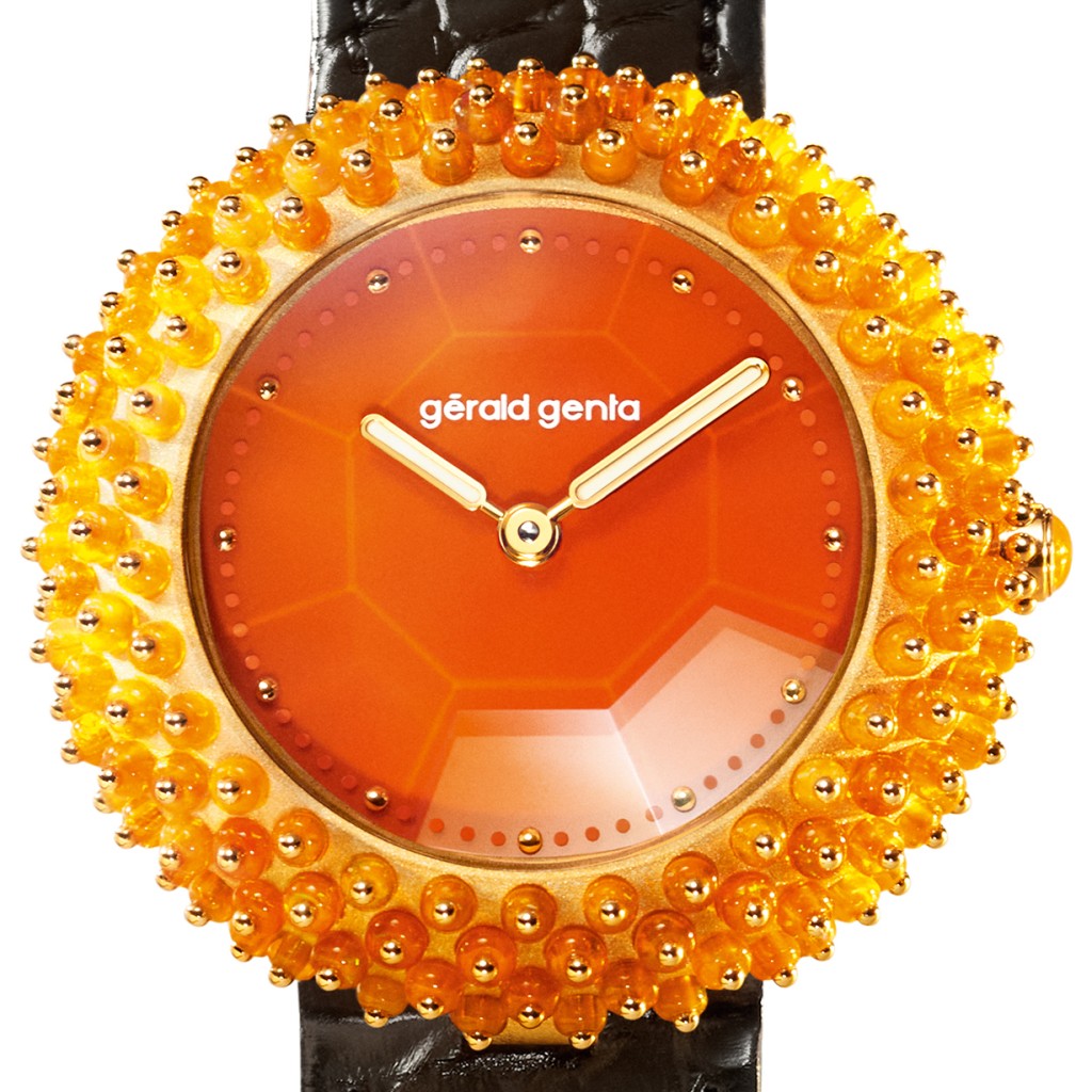 最佳女裝錶獎（Ladies' Watch Prize）得主gérald genta Gentissima Oursin Fire Opal，錶殼：36.5mm黃金/ 機芯：自動/ 限量：10枚/ 售價：120,000瑞郎。