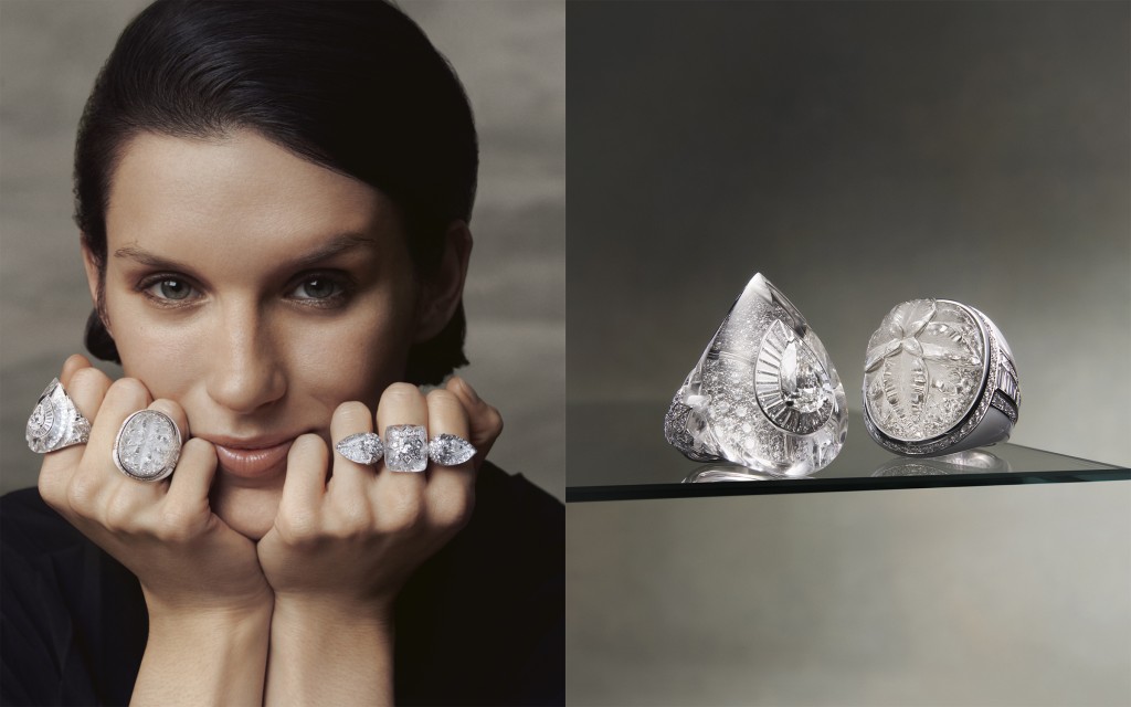 右圖左/New Padma指環，以白金鑲嵌一顆重2.01卡的水滴形鑽石，鋪鑲鑽石及天然水晶。右圖右/New Padma Cristal指環，以白金鋪鑲鑽石及天然水晶。